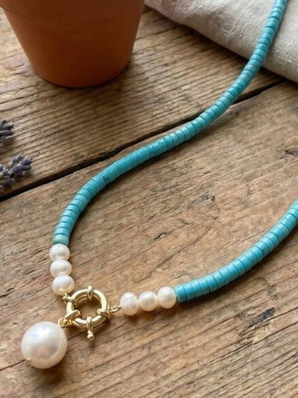Turquoise Flat Bead and Freshwater Pearl Necklace 14K Gold Clasp Coastal 16" - Picture 7 of 12